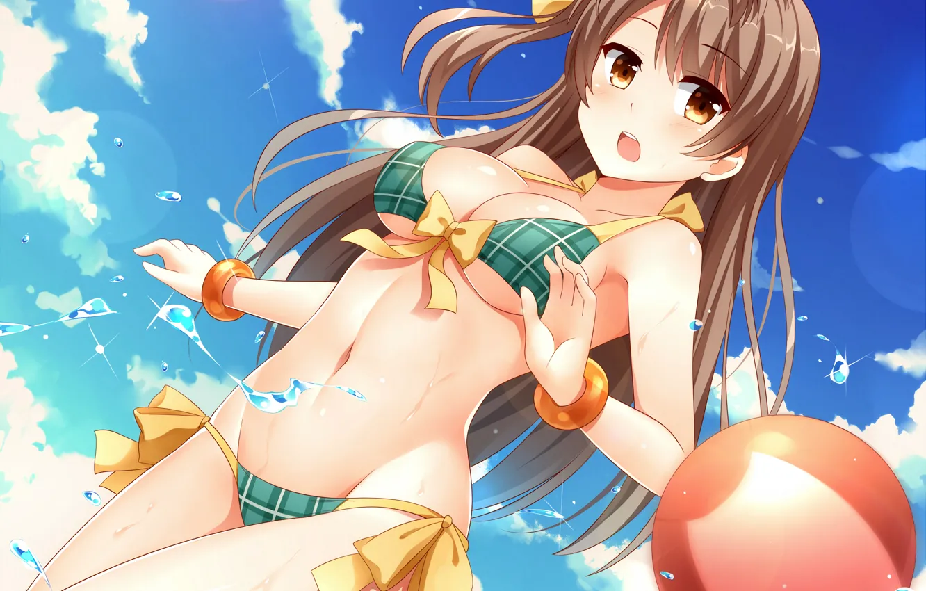 Фото обои girl, sexy, wet, cleavage, beach, sky, long hair, brown hair