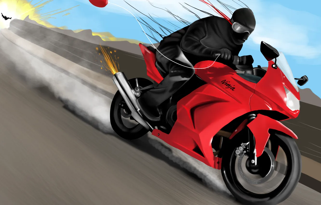 Фото обои взрыв, огонь, гонка, скорость, арт, мотоцикл, ниндзя, ninja