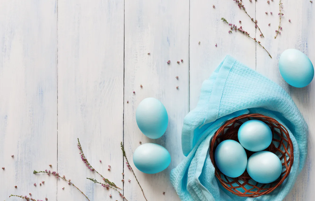Фото обои корзина, яйца, голубые, Пасха, wood, blue, spring, Easter