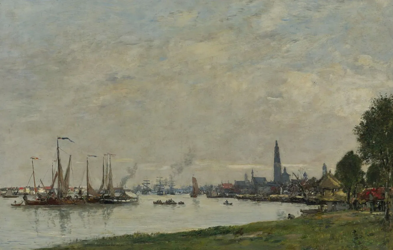 Фото обои пейзаж, город, корабли, картина, гавань, Эжен Буден, Eugene Boudin, Антверпен. Порт. Вид на Северную Цитадель