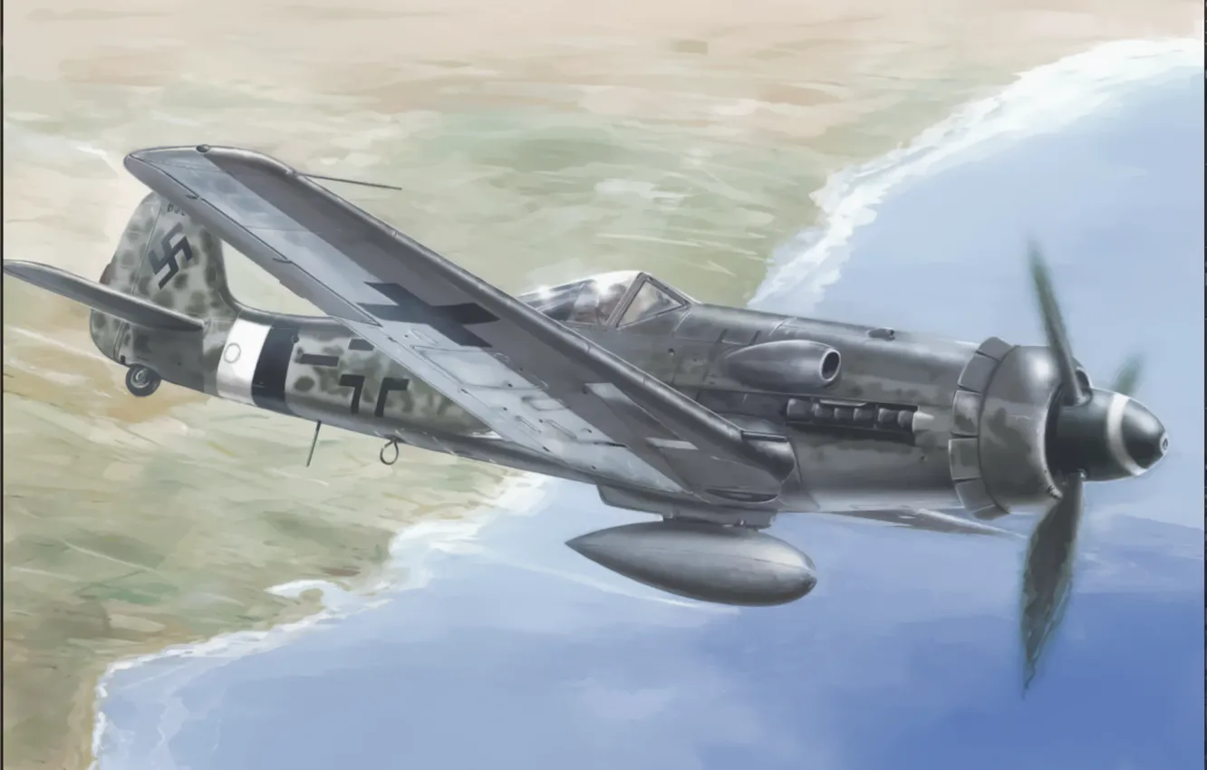 Фото обои war, art, painting, aviation, ww2, german fighter, Fw 190 D 13