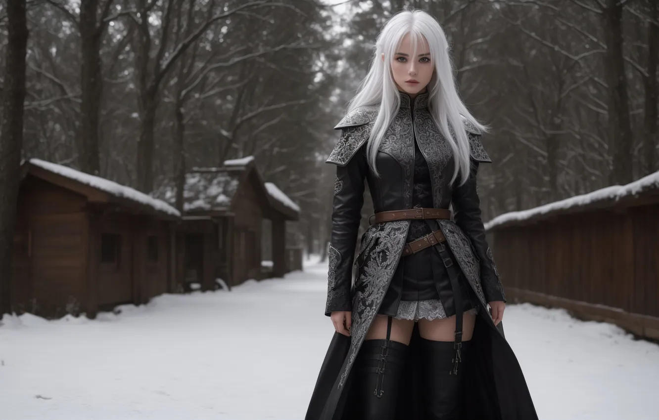 Фото обои girl, fantasy, nature, art, winter, snow, fantasy art, white hair