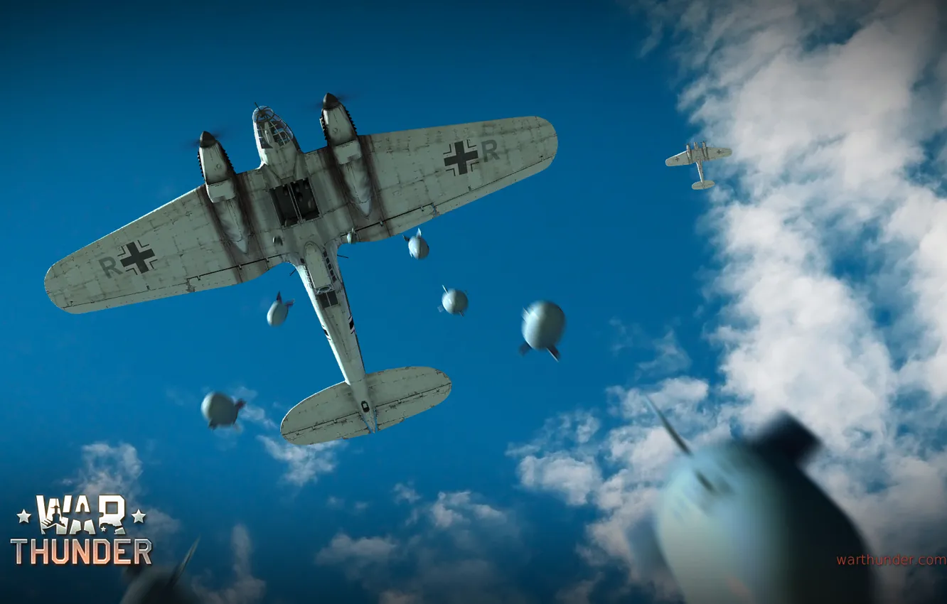 Фото обои небо, облака, бомбардировщик, бомбы, немецкий, средний, Heinkel, War Thunder