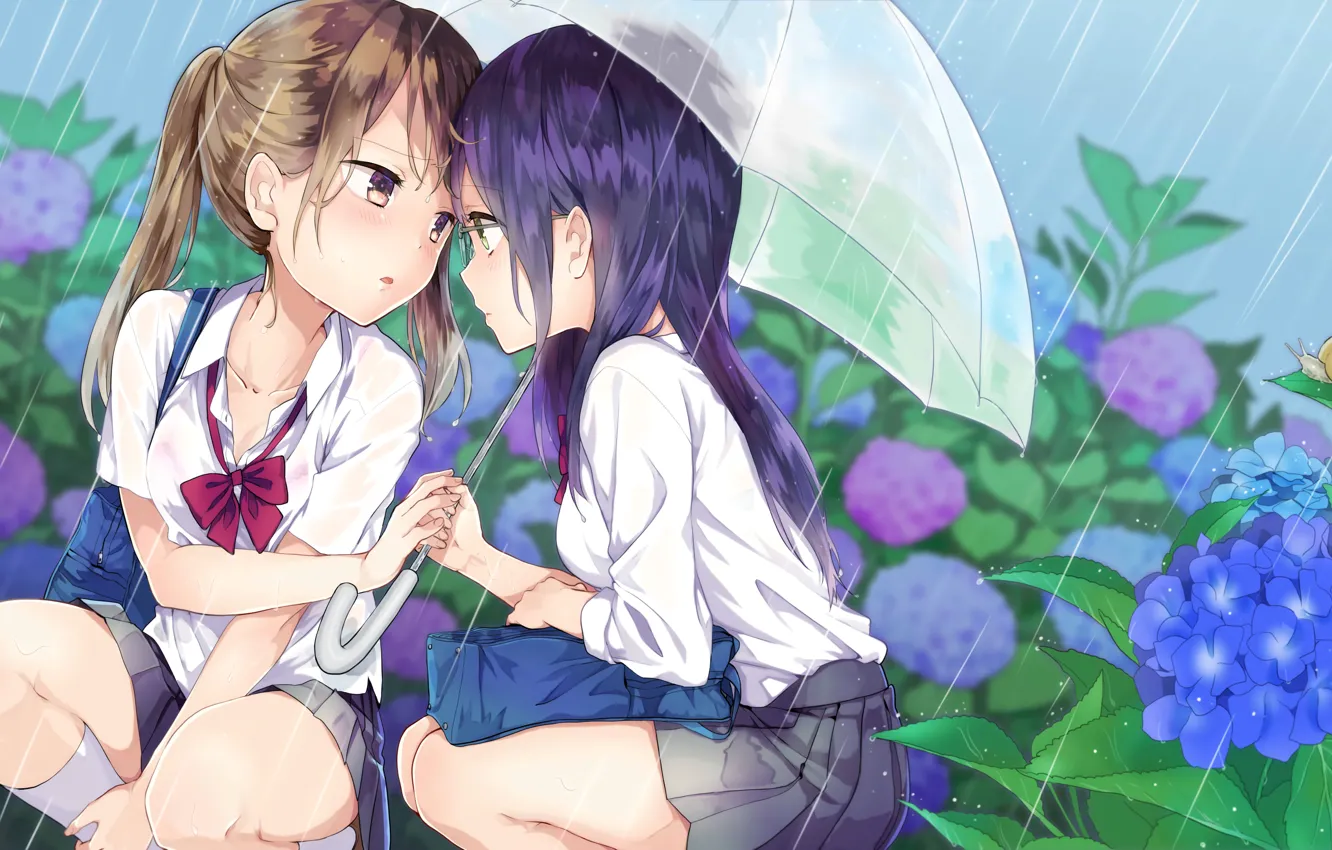 Фото обои цветы, зонтик, девушки, дождь, очки, румянец, anime, art