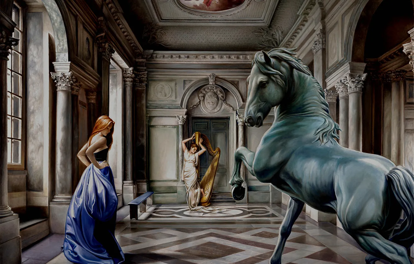 Фото обои девушки, лошадь, картина, арт, арфа, колонны, скульптура, зал
