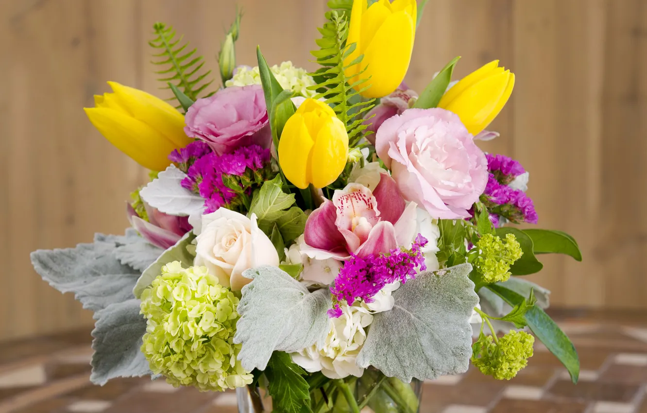 Фото обои розы, букет, тюльпаны, гортензия, эустома, Tulips, Bouquets, Eustoma