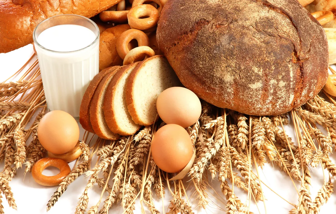 Фото обои еда, яйца, молоко, хлеб, колосья, сушки, куриные, wallpaper.