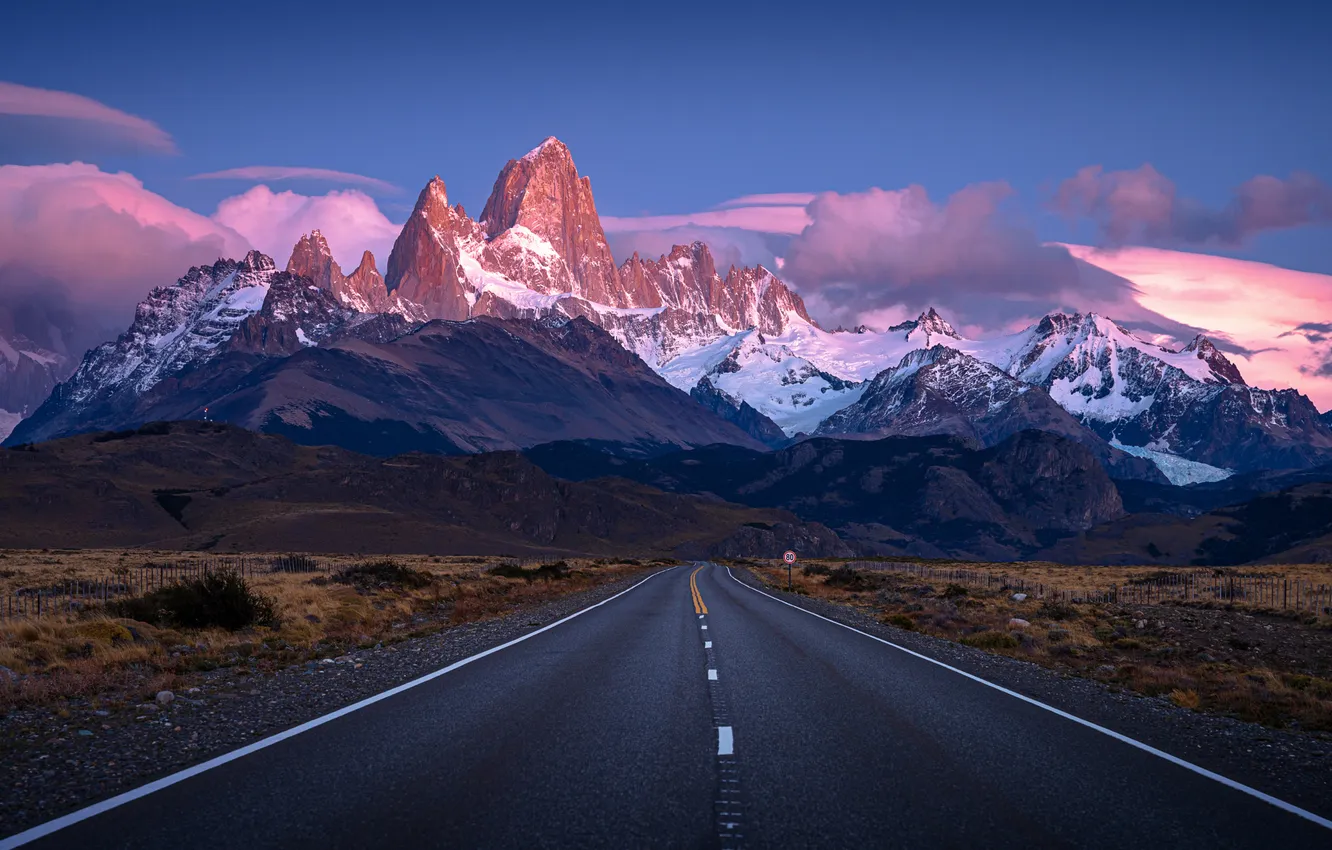 Фото обои дорога, горы, скалы, шоссе, Argentina, Patagonia, Fitz Roy