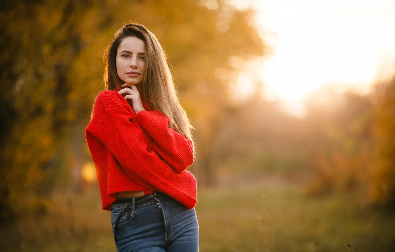 Фото обои Girl, Beauty, RED, Forest, Sight