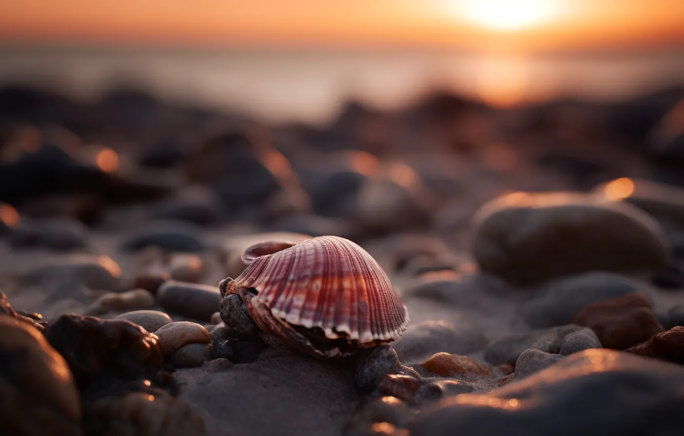 Фото обои море, пляж, солнце, свет, закат, галька, камни, моллюск