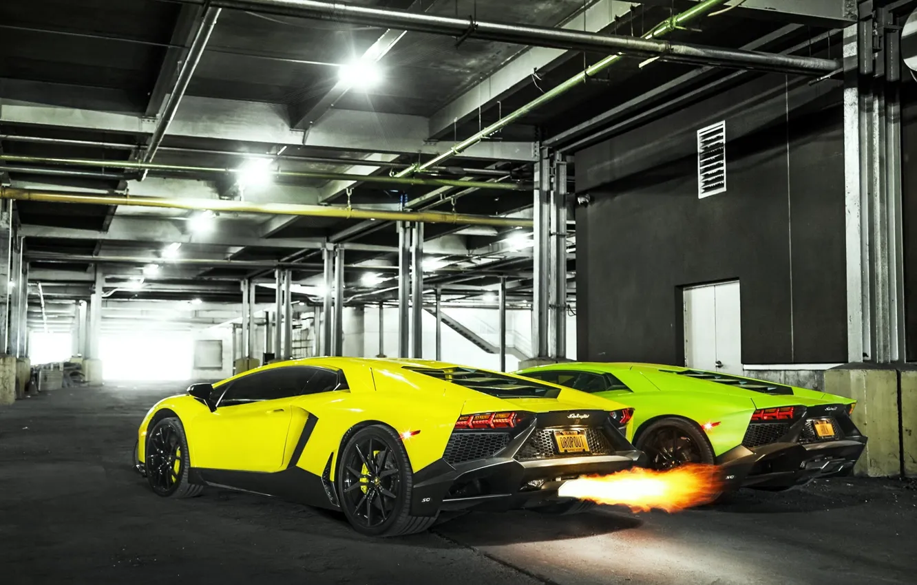 Фото обои Lamborghini, Fire, Green, Yellow, Aventador, Supercars, LP720-4, 50 Anniversario Edition