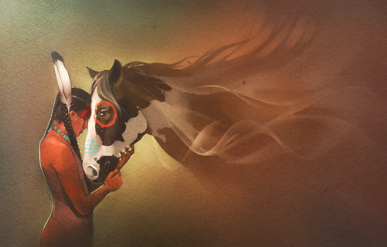 Фото обои перо, лошадь, art, индеец
