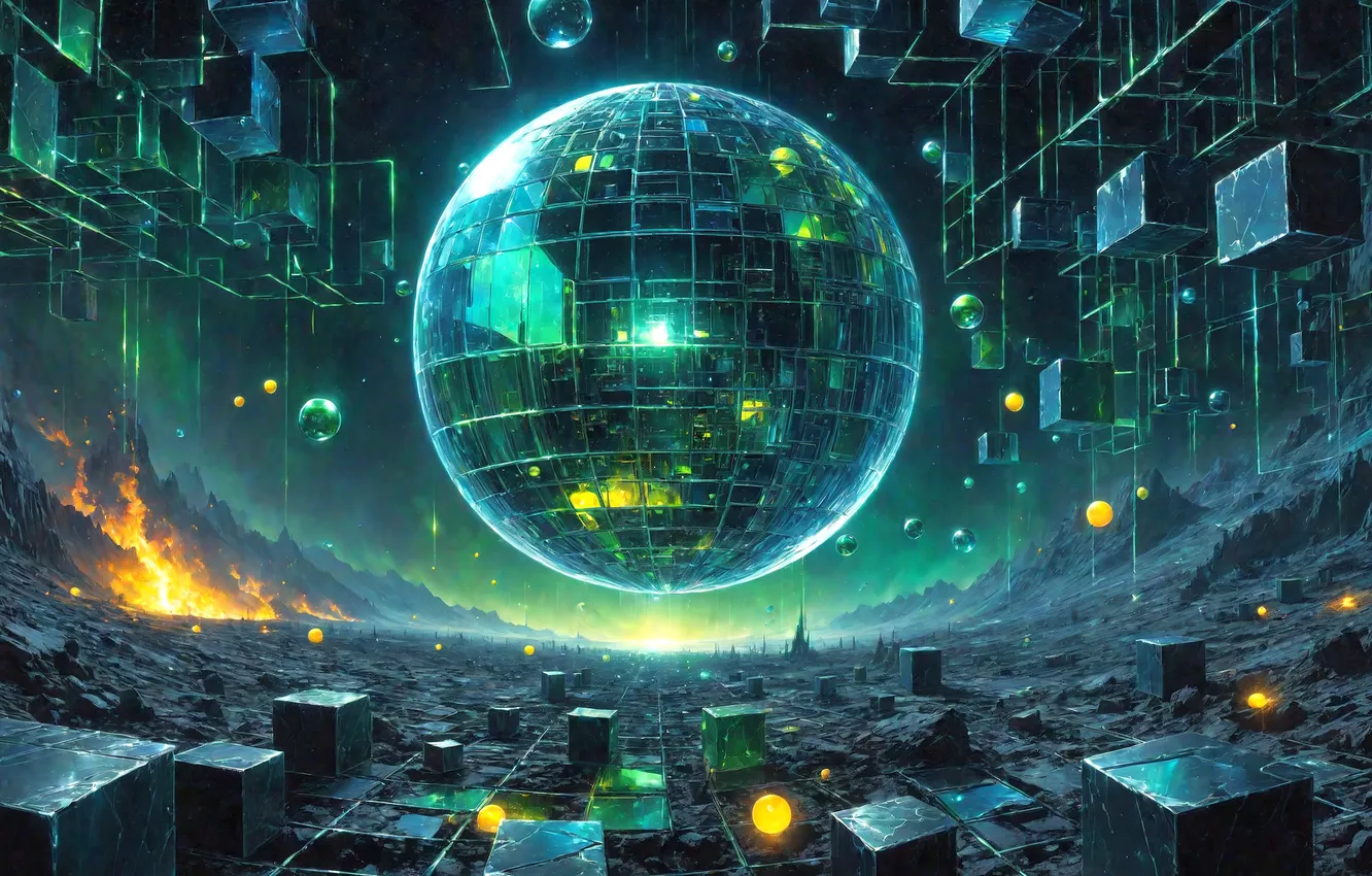 Фото обои поверхность, шары, кубики