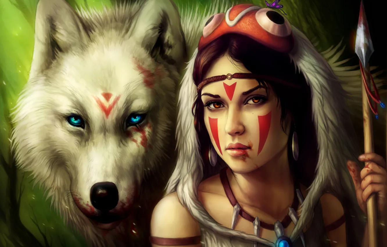 Фото обои девушка, кровь, волк, копье, Принцесса мононоке, Princess Mononoke