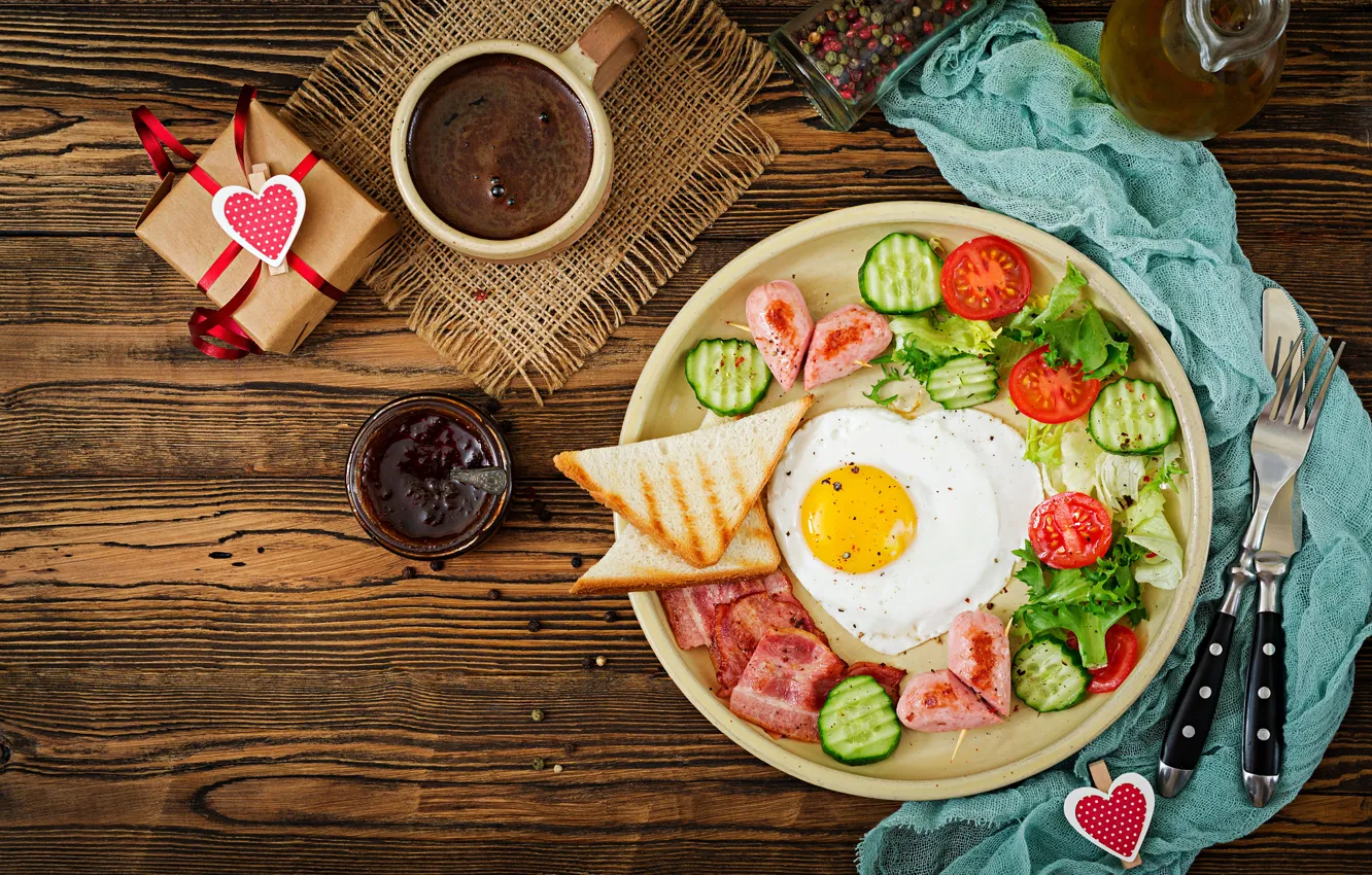 Фото обои кофе, завтрак, чашка, яичница, овощи, heart, cup, romantic