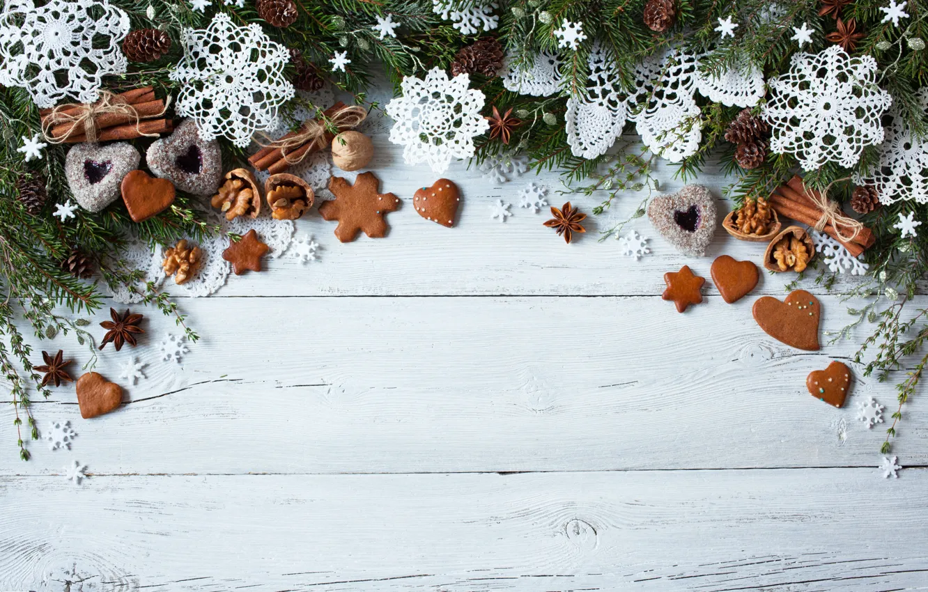 Фото обои украшения, снежинки, елка, Новый Год, печенье, Рождество, сердечки, Christmas