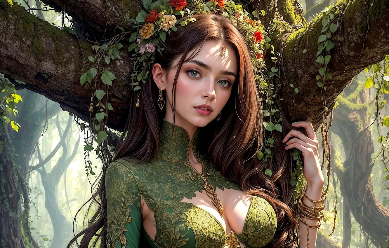 Фото обои girl, cleavage, trees, nature, blue eyes, flowers, crown, leaves