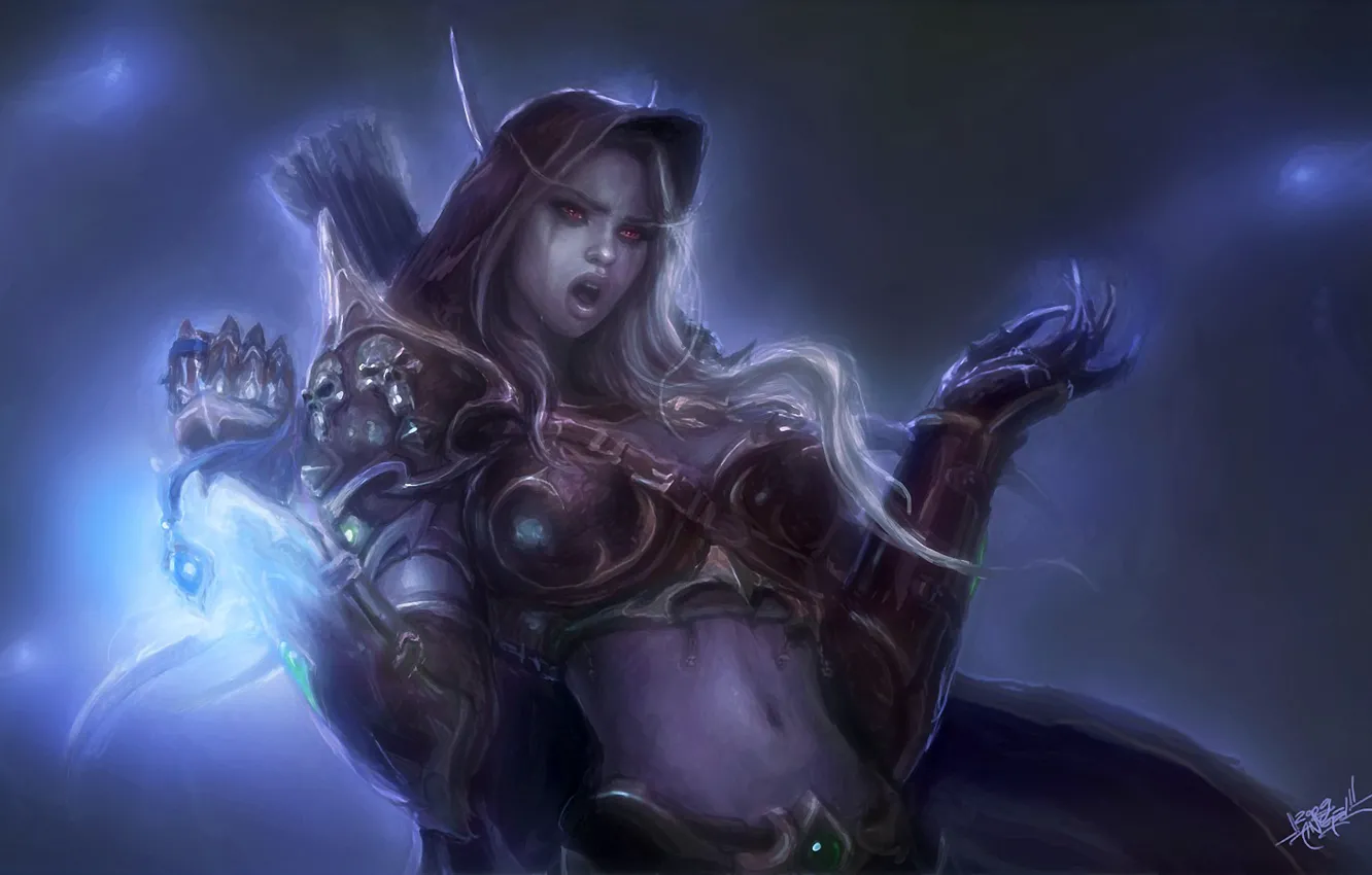 Фото обои магия, эльф, доспехи, слезы, WoW, World of Warcraft, стрелы, Lady Sylvanas Windrunner
