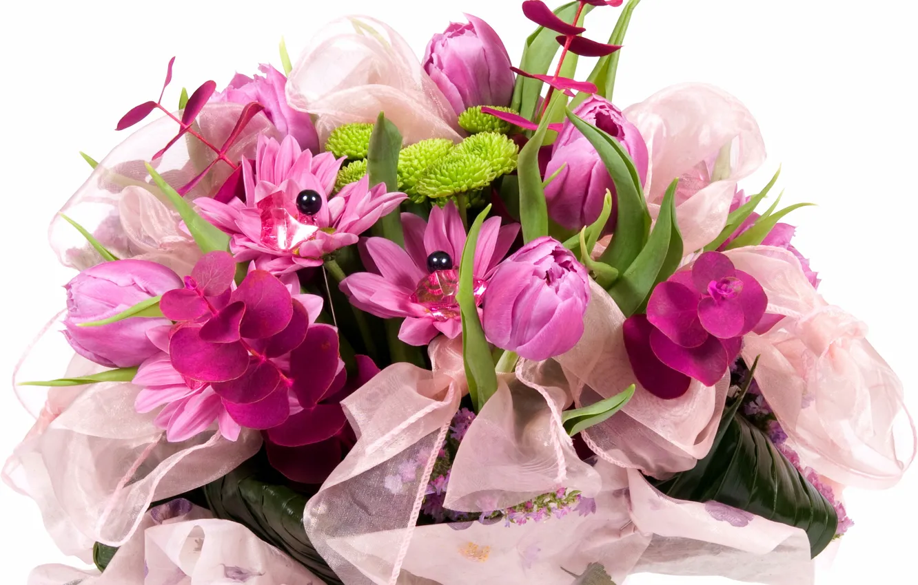 Фото обои цветок, природа, букет, весна, лента, тюльпаны, бант, сиреневые