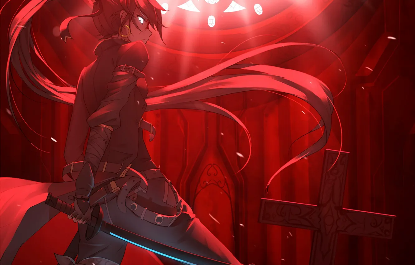 Фото обои девушка, красный, кровь, меч, аниме, арт