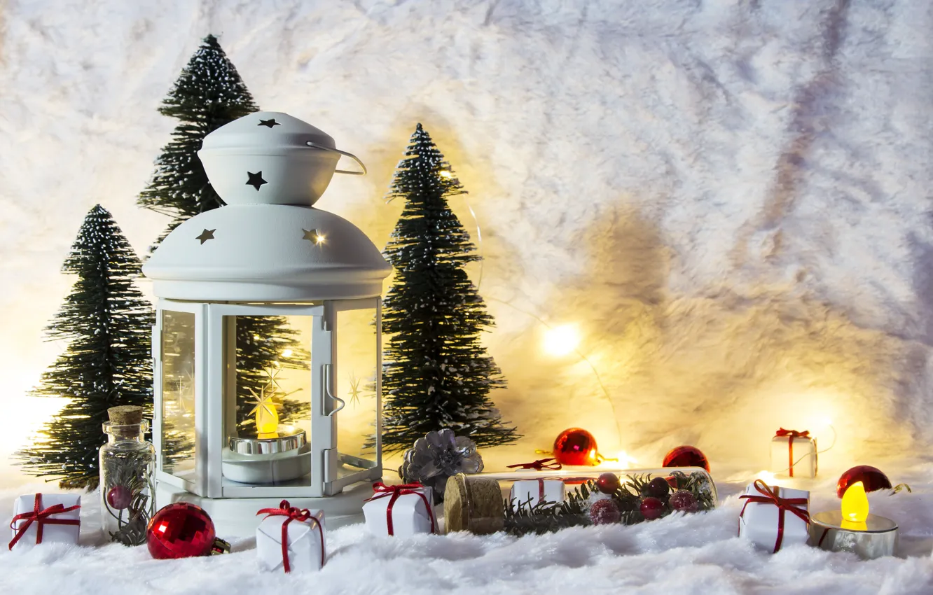 Фото обои зима, снег, украшения, Новый Год, Рождество, фонарь, подарки, Christmas