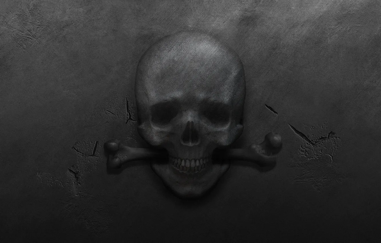 Фото обои металл, трещины, череп, кость, черный фон