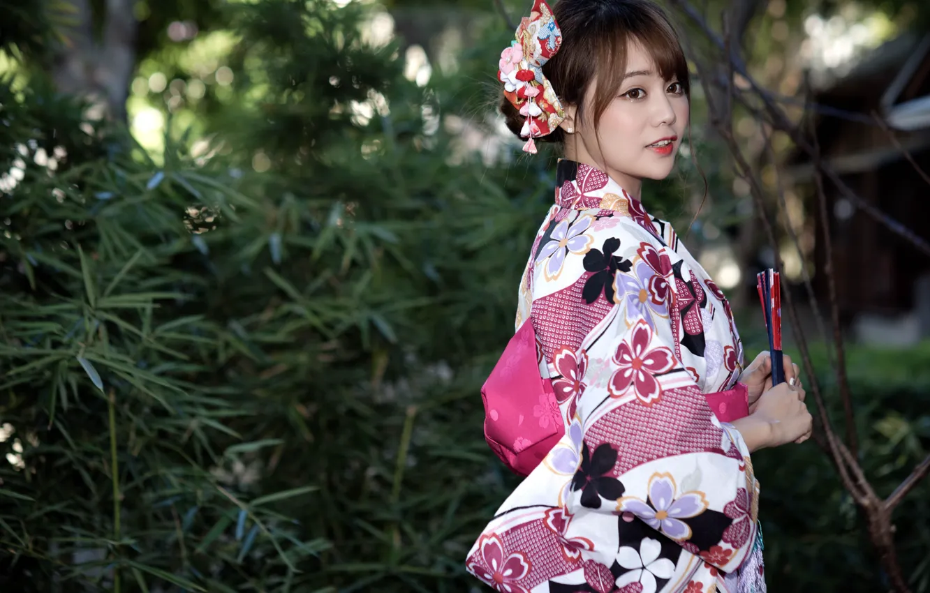 Фото обои девушка, кимоно, азиатка