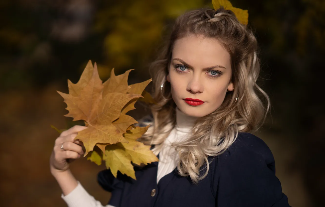 Фото обои осень, листья, девушка, лицо, милая, волосы