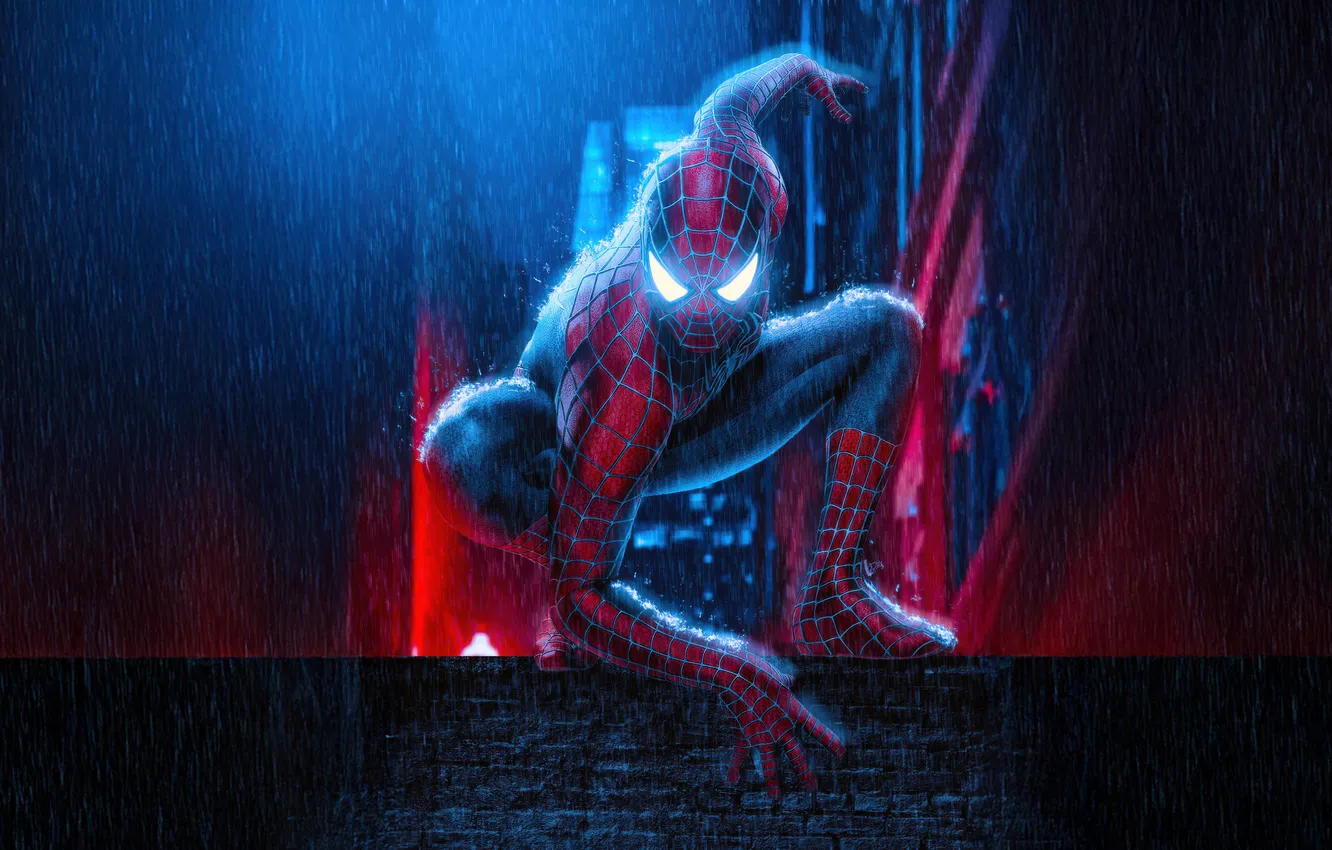 Фото обои ночь, дождь, арт, костюм, супергерой, комикс, MARVEL, Spider-Man