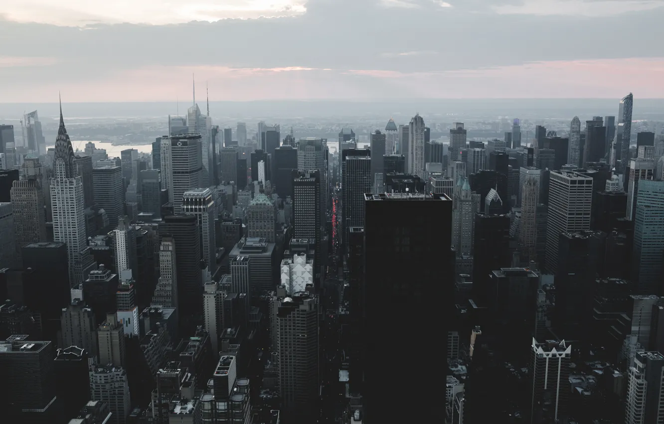 Фото обои City, Sunset, Manhattan, Smoke, New-York, Building, River, Empire