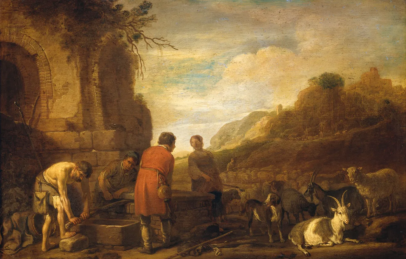 Фото обои масло, картина, мифология, Встреча Иакова и Рахиль, Nicolaes Moyaert, Николас Муйарт, 1638