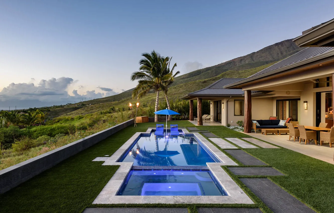 Фото обои дом, пальмы, бассейн, Гавайи, архитектура, Hawaii, терраса, by Imagine-It Builders Corp