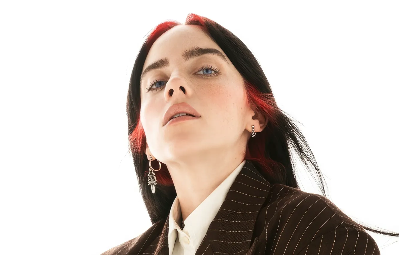 Фото обои девушка, музыка, портрет, серьги, макияж, белый фон, певица, Billie Eilish