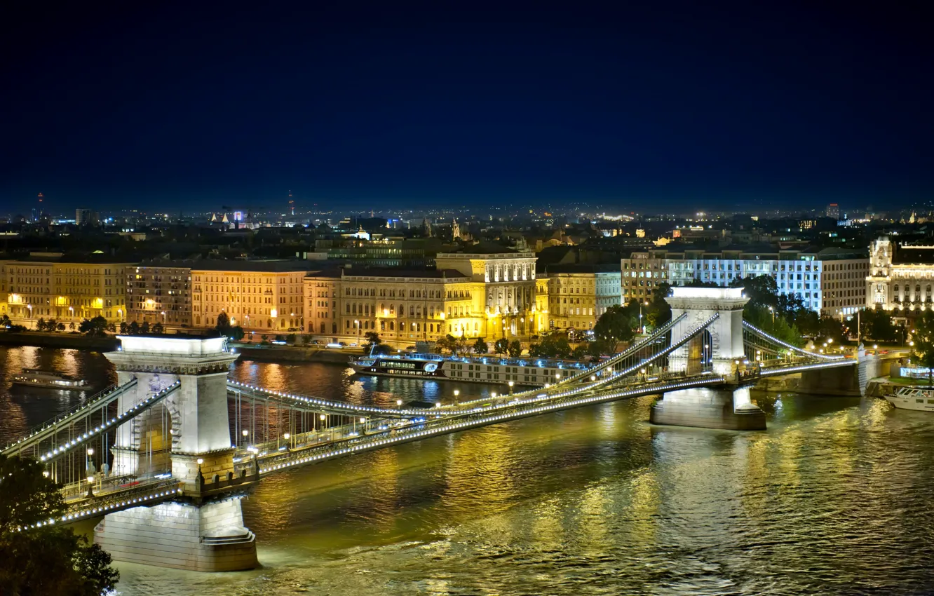 Фото обои ночь, город, река, здания, дома, Венгрия, Будапешт, Дунай