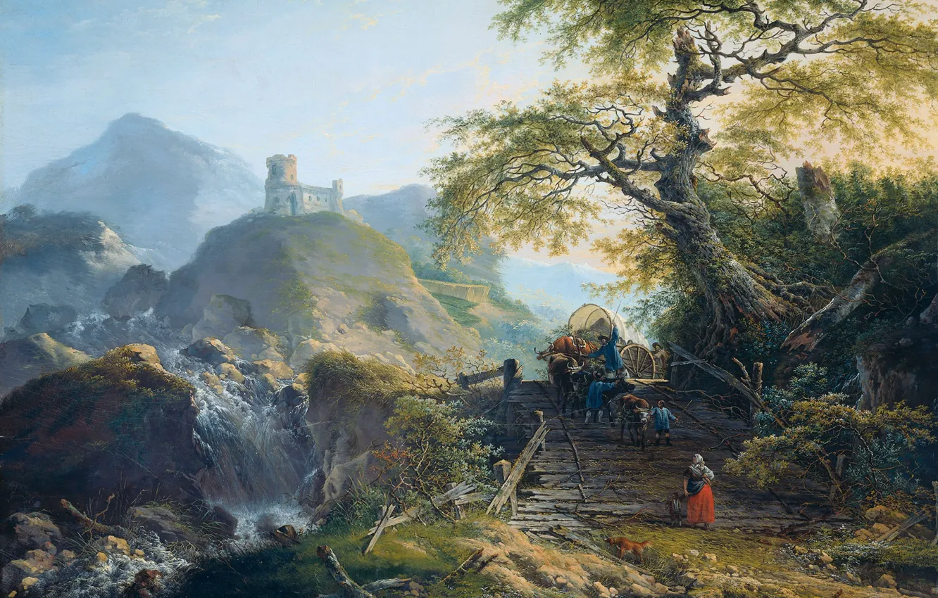 Фото обои пейзаж, дерево, масло, картина, Gerard van Nijmegen, Горный Пейзаж с Возчиками, Арба на Деревянном Мосту
