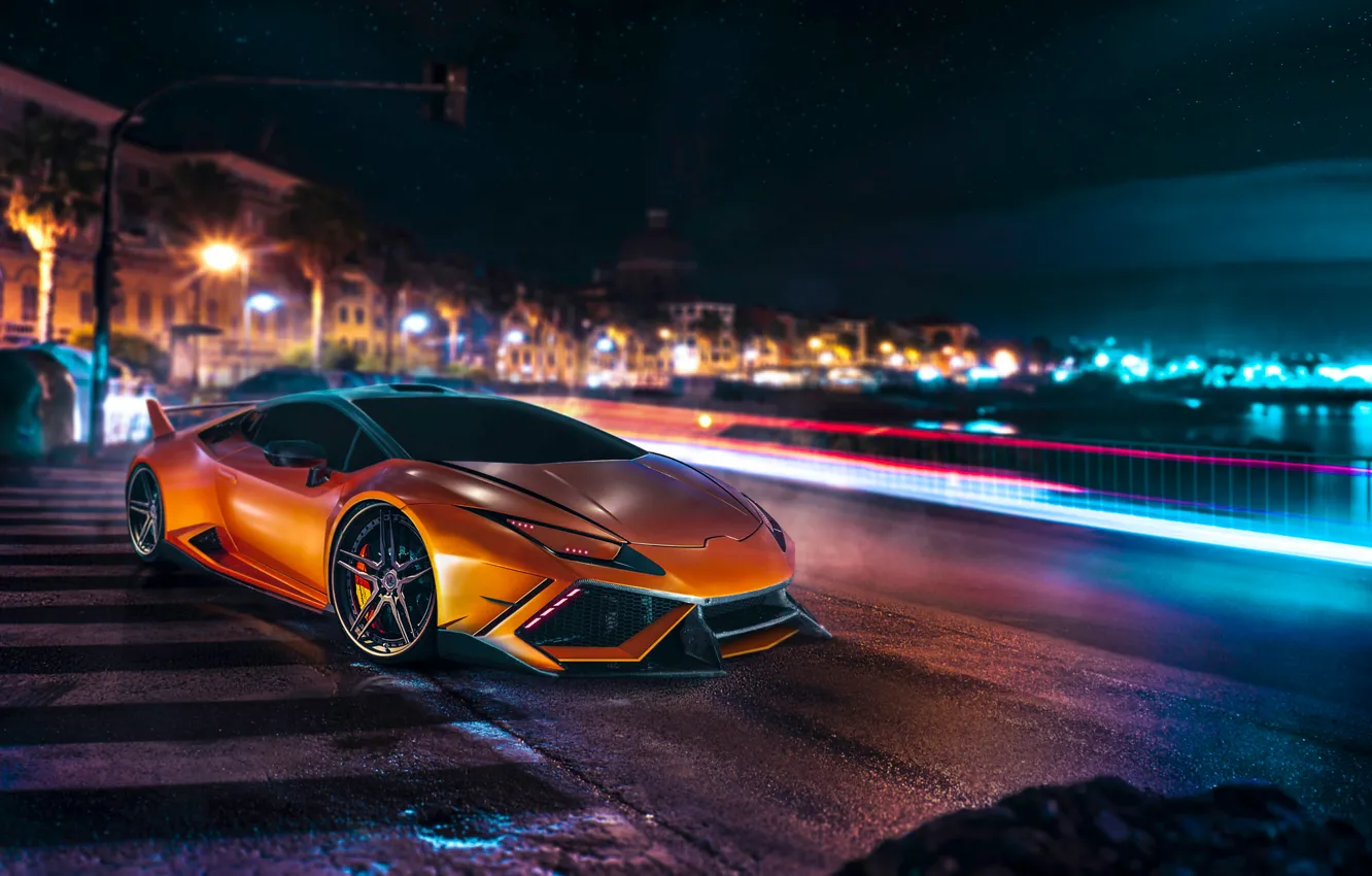 Фото обои Lamborghini, Orange, Front, Night, DMC, Supercar, Huracan, LP610-4