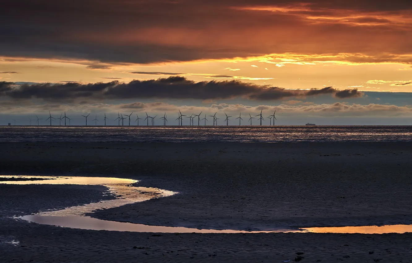 Фото обои закат, берег, ветряки, мель