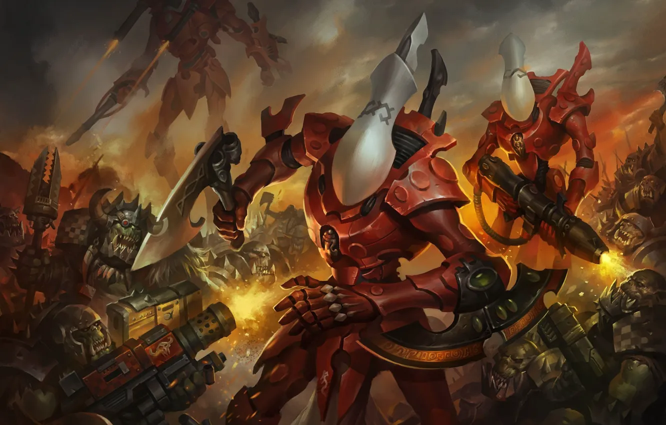 Фото обои Warhammer 40000, орки, Orks, эльдары, Eldar, Warhammer 40K, Wraithguard, Призрачный Страж