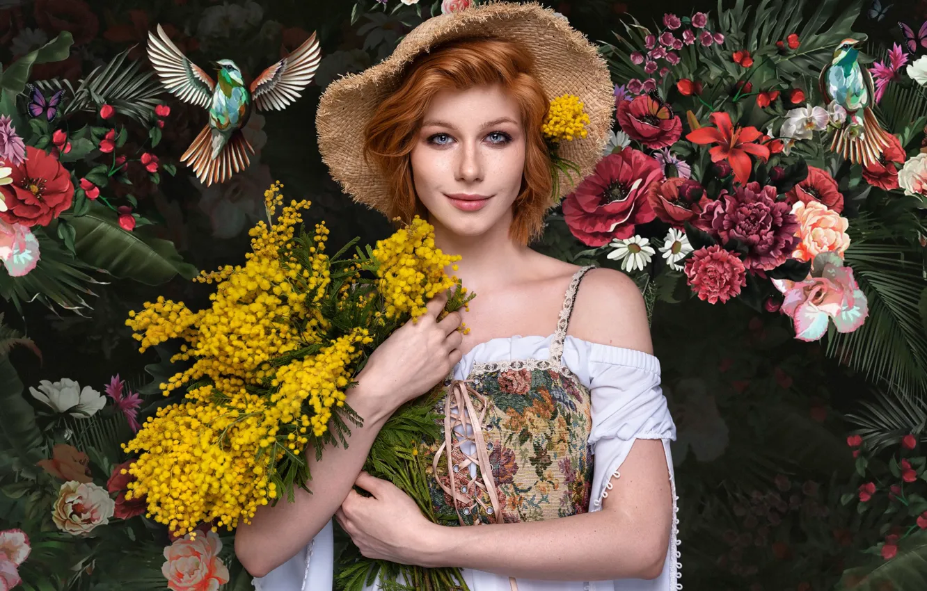 Фото обои взгляд, девушка, цветы, птицы, лицо, шляпа, рыжая, рыжеволосая