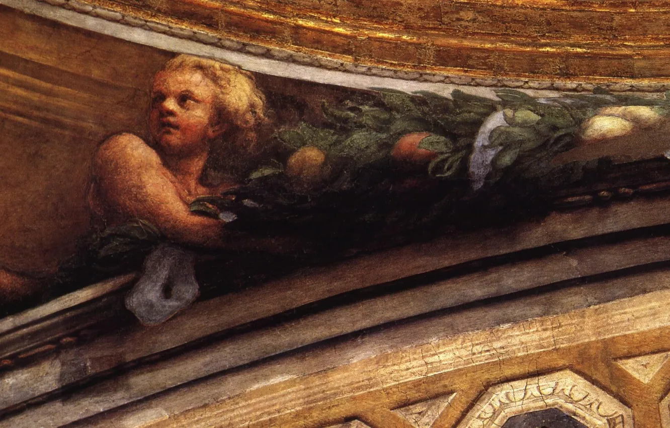 Фото обои взгляд, мальчик, Антонио Аллегри Корреджо, итальянская живопись, насторожен, Detail of the putto to the side …