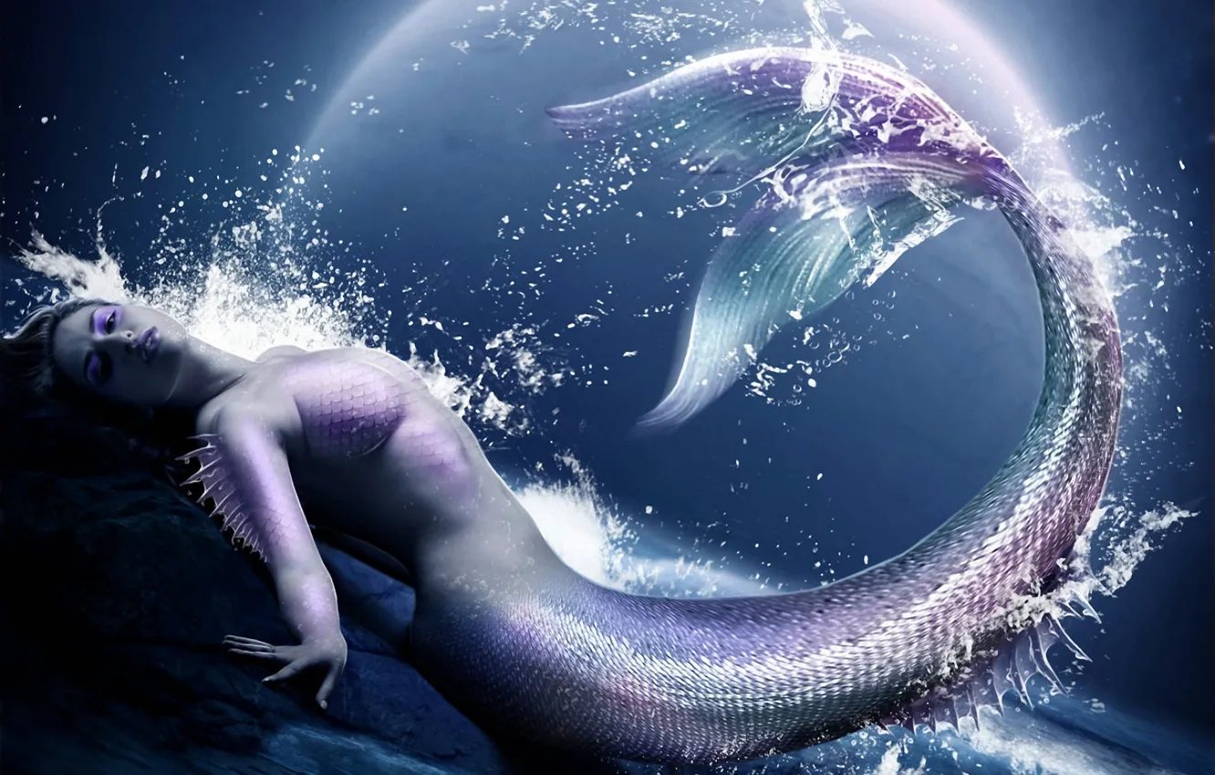 Фото обои море, девушка, брызги, скала, луна, камень, русалка, чешуя