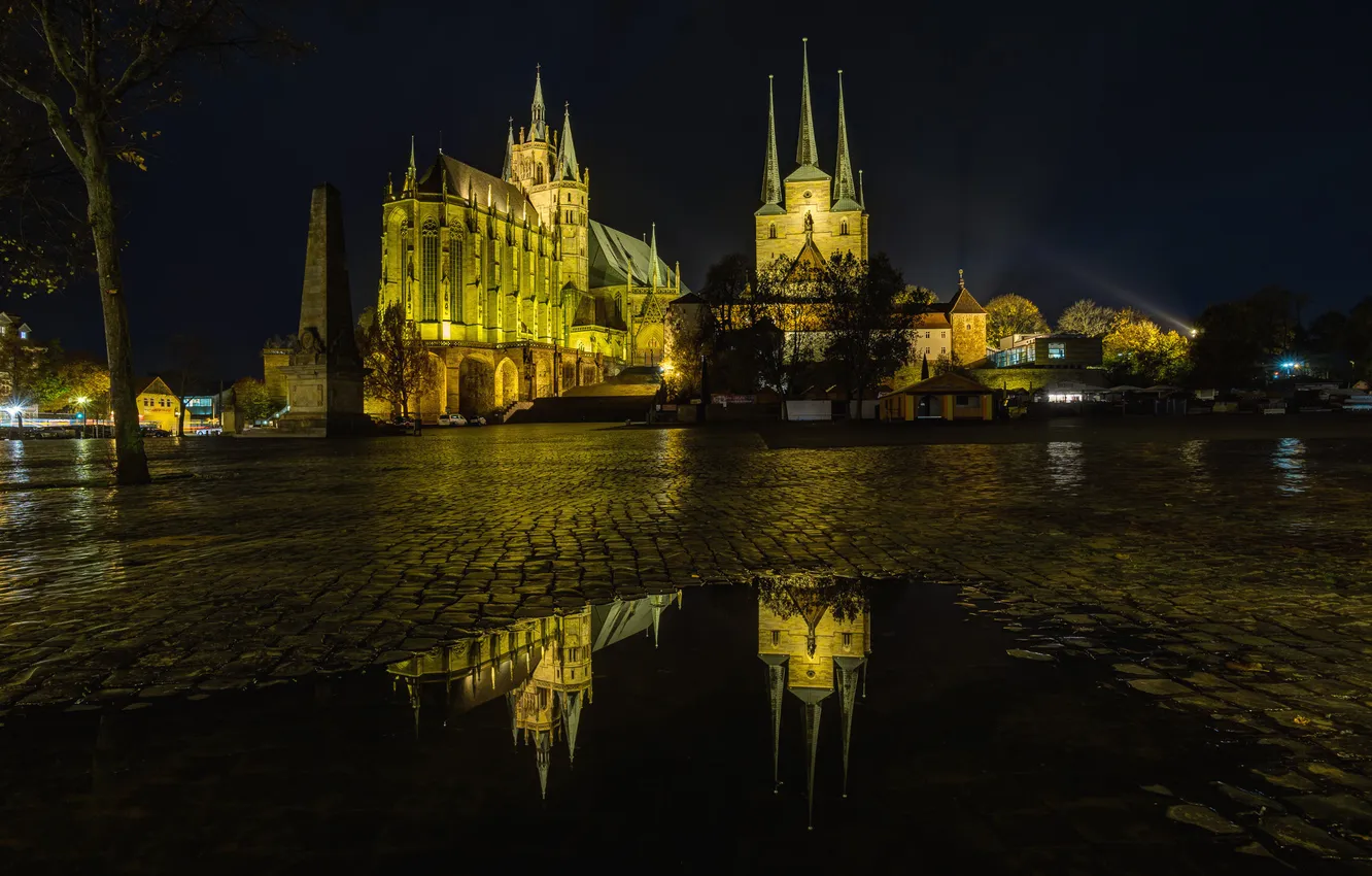 Фото обои ночь, отражение, Германия, площадь, собор, Тюрингия, Эрфурт