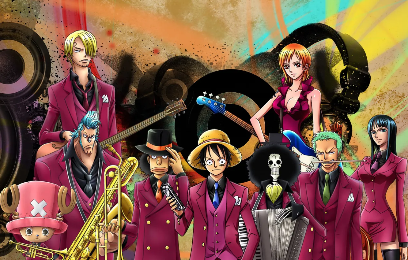 Фото обои One Piece, музыкальные инструменты, соломенная шляпа, в костюмах