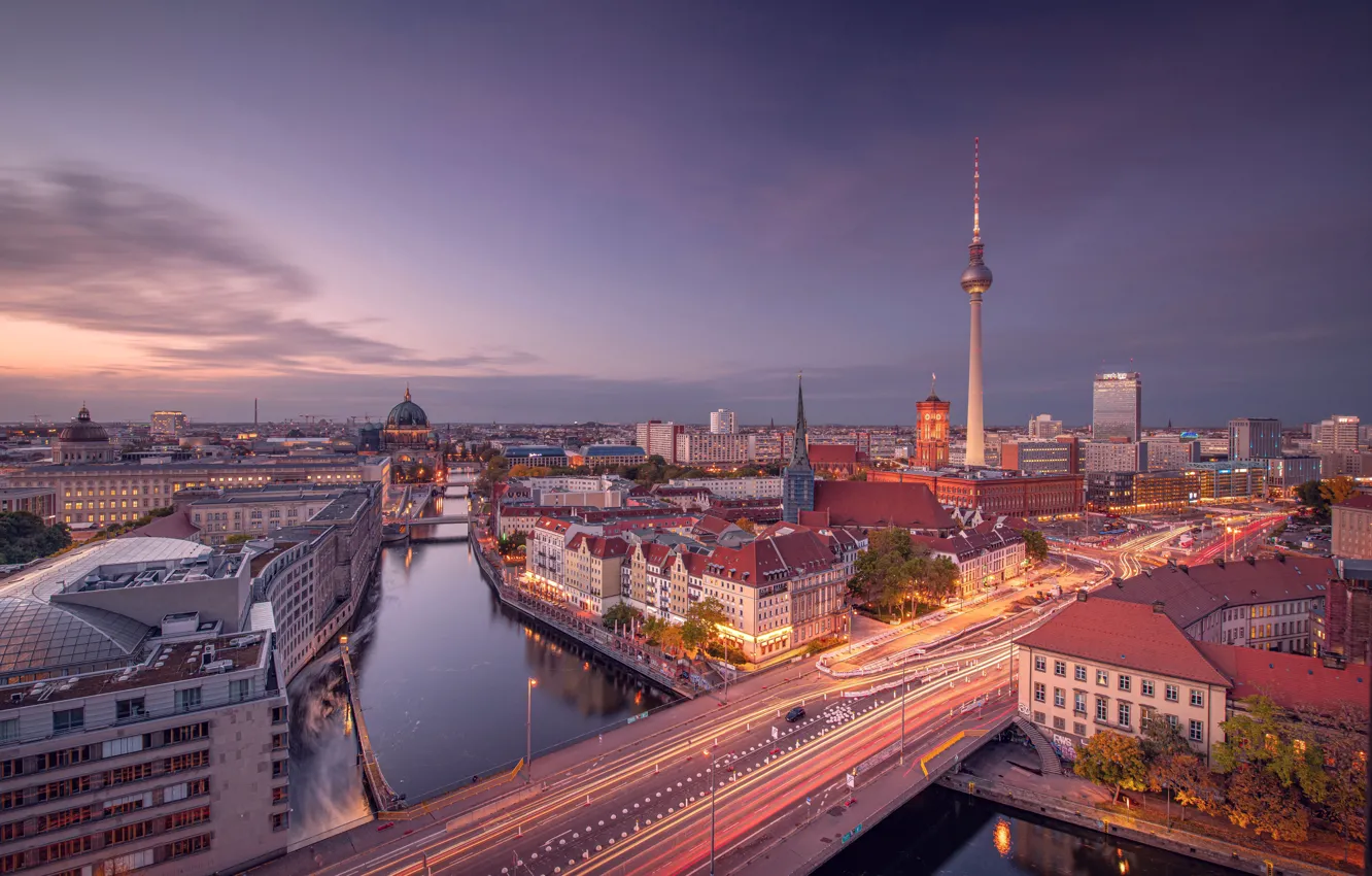 Фото обои закат, река, здания, дома, Германия, мосты, Germany, телебашня