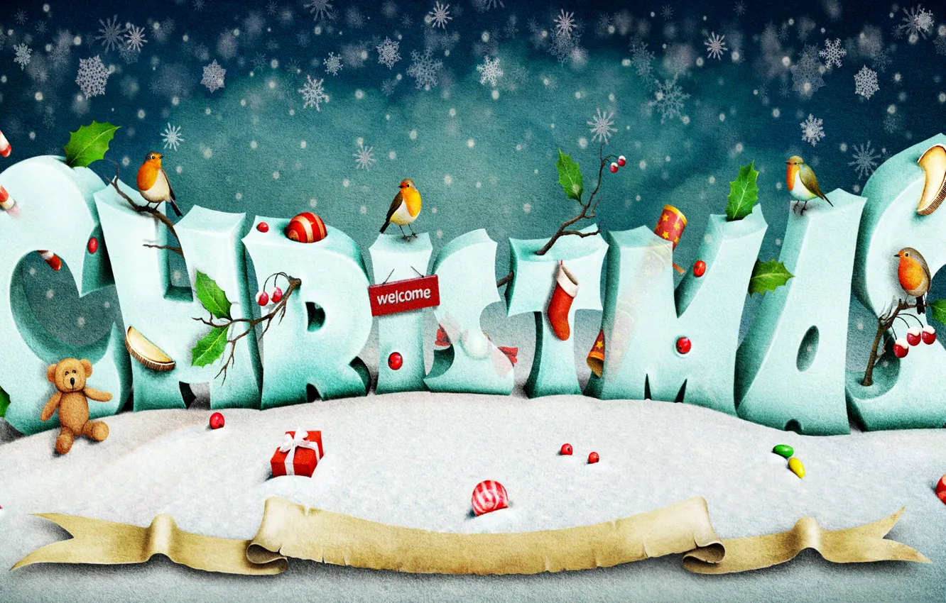 Фото обои снег, снежинки, креатив, праздник, надпись, игрушки, мишка, подарки