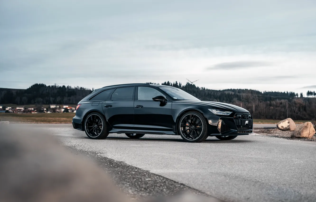 Фото обои Audi, чёрный, вид сбоку, ABT, универсал, RS 6, 2020, 2019