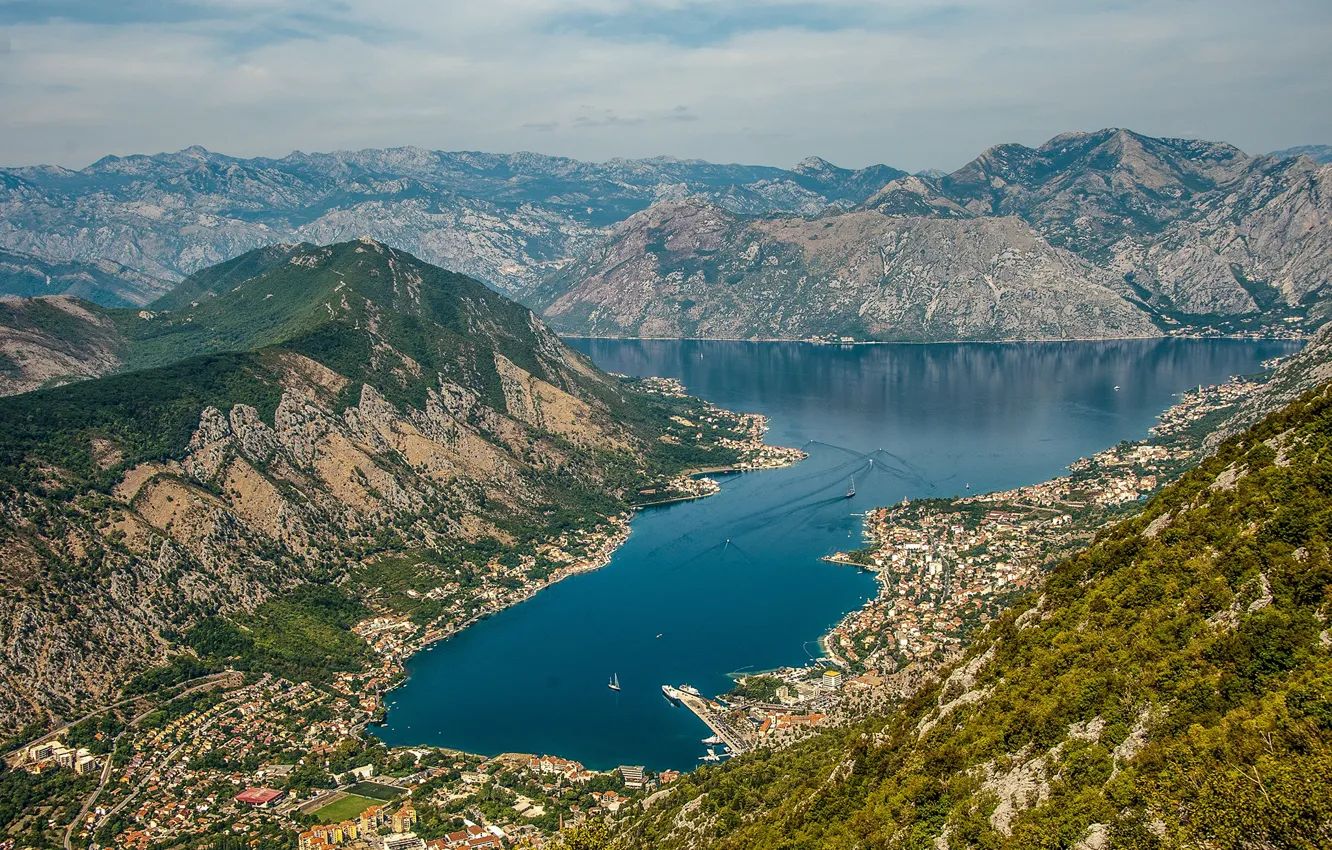Фото обои горы, панорама, залив, Черногория, фьорд, Kotor