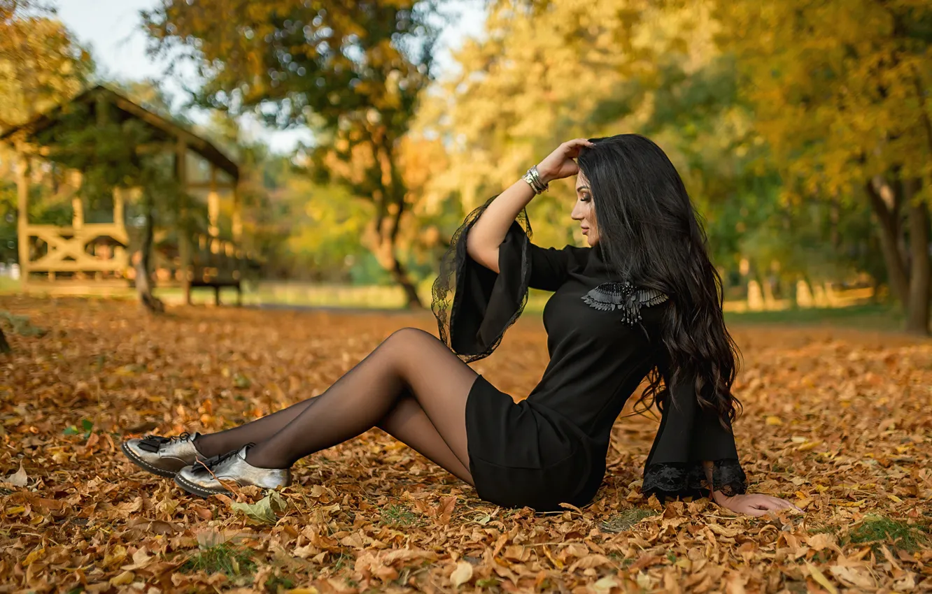 Фото обои осень, листья, поза, волосы, Девушка, платье, брюнетка, ножки