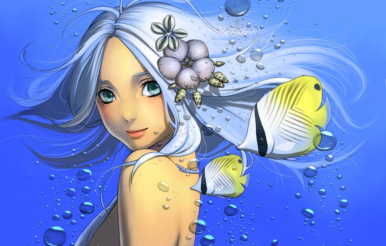 Фото обои взгляд, вода, девушка, рыбки, рыбы, пузырьки