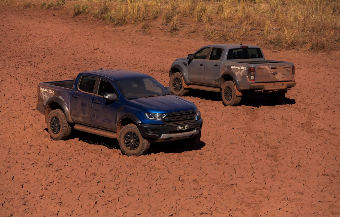Фото обои песок, синий, серый, Ford, Raptor, 2018, Ranger, пикапы